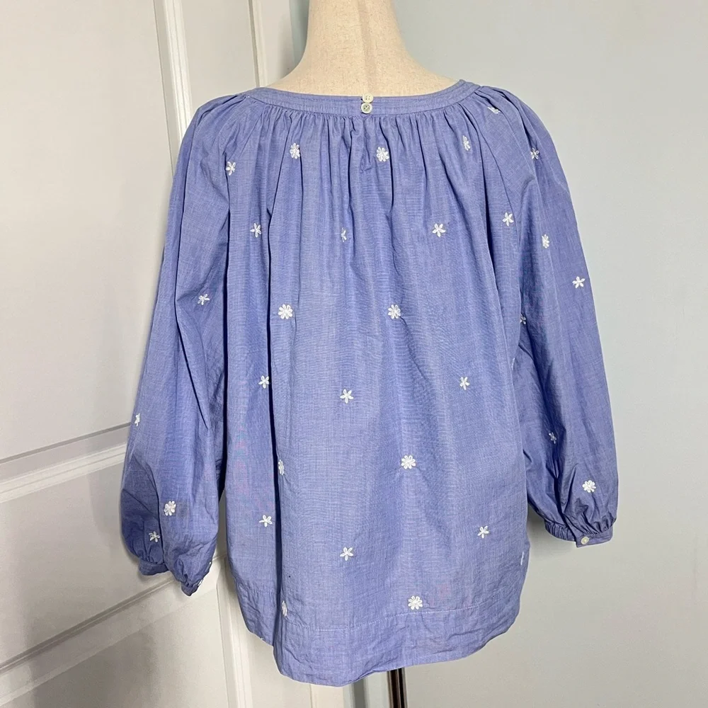 J. Crew The Perfect Embroidered Chambray Top Puff Sleeves blouse size M